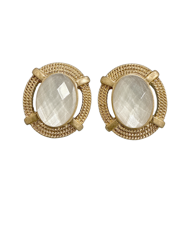 Vintage Gold Tone Textured Metal w/ Oval Stone Earring