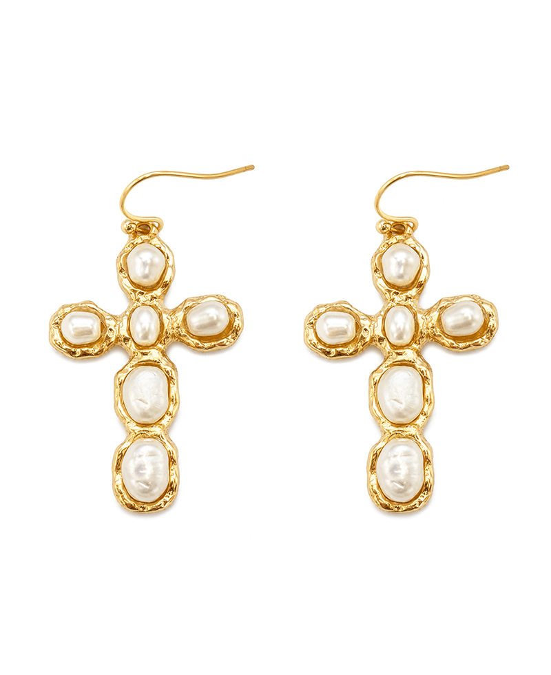 Metal Texture w/ Pearls Cross Earring