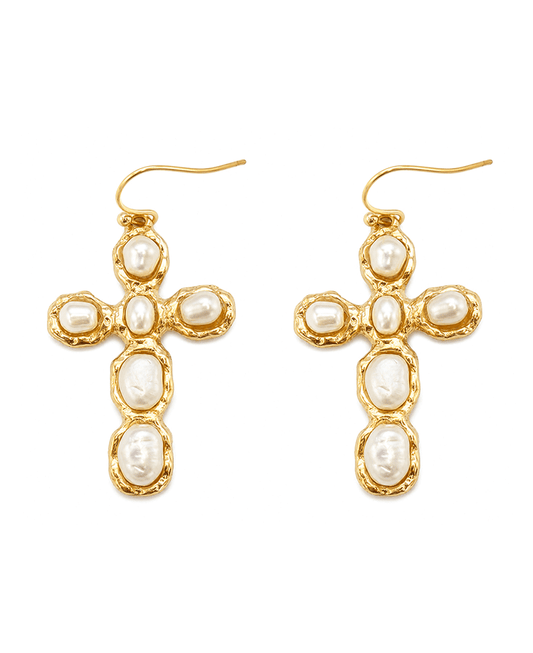 Metal Texture w/ Pearls Cross Earring