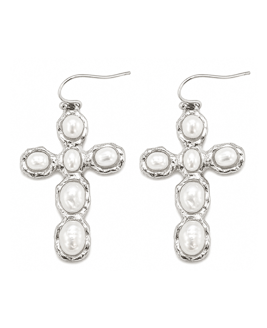 Metal Texture w/ Pearls Cross Earring