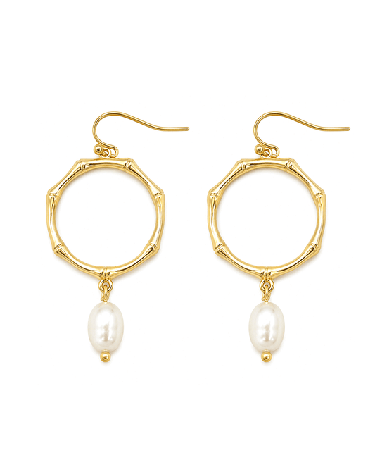 Bamboo Texture Hoop w/ Pearl Drop Earring