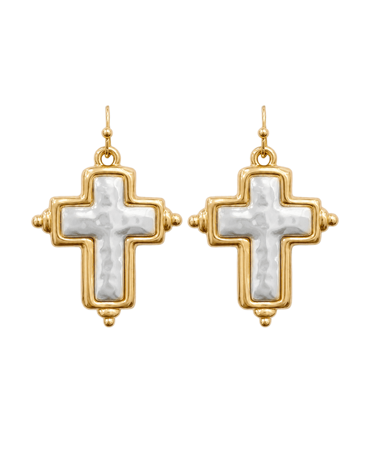 Hammered Tow Tone Cross Earring