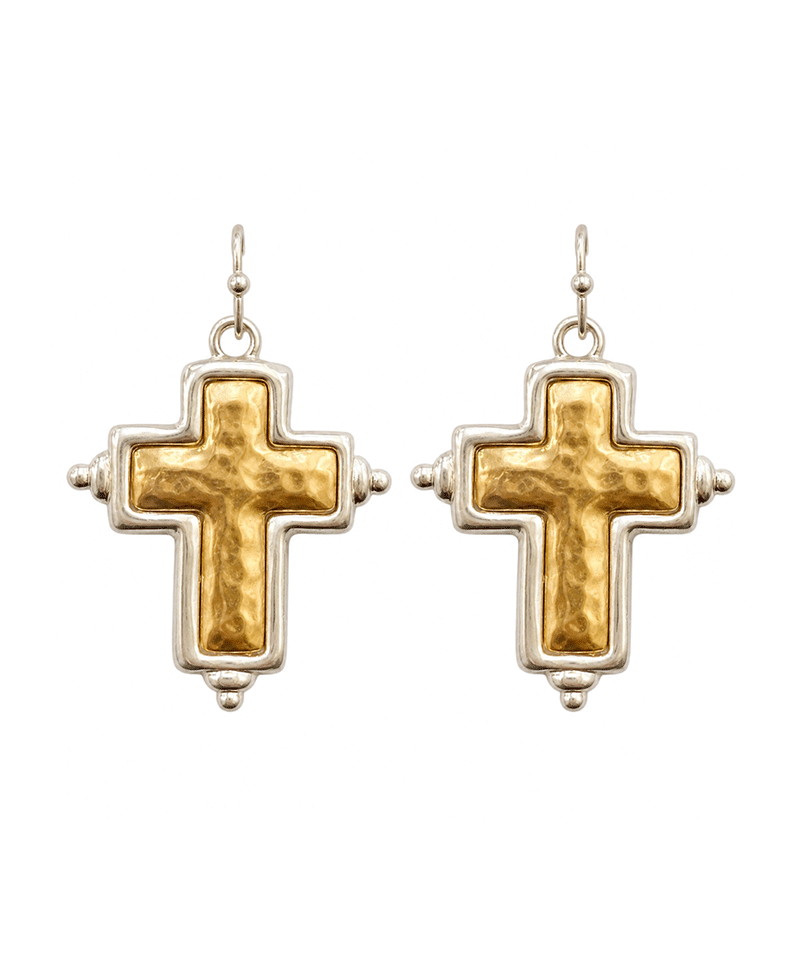 Hammered Tow Tone Cross Earring