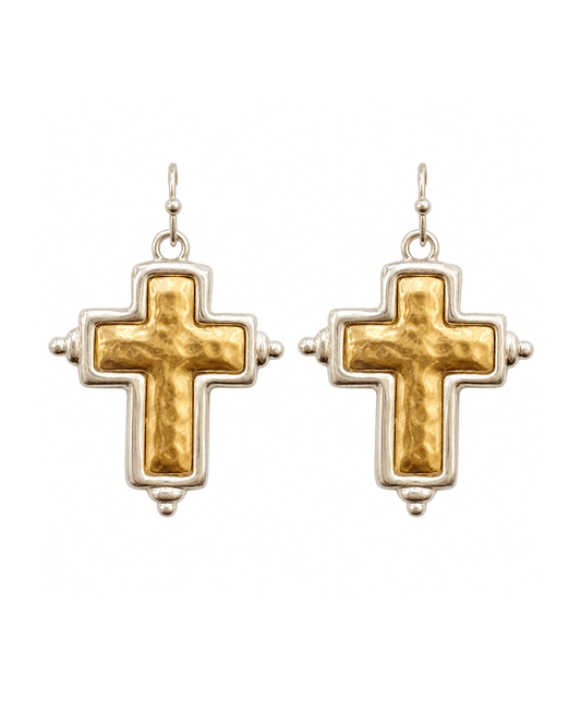 Hammered Tow Tone Cross Earring