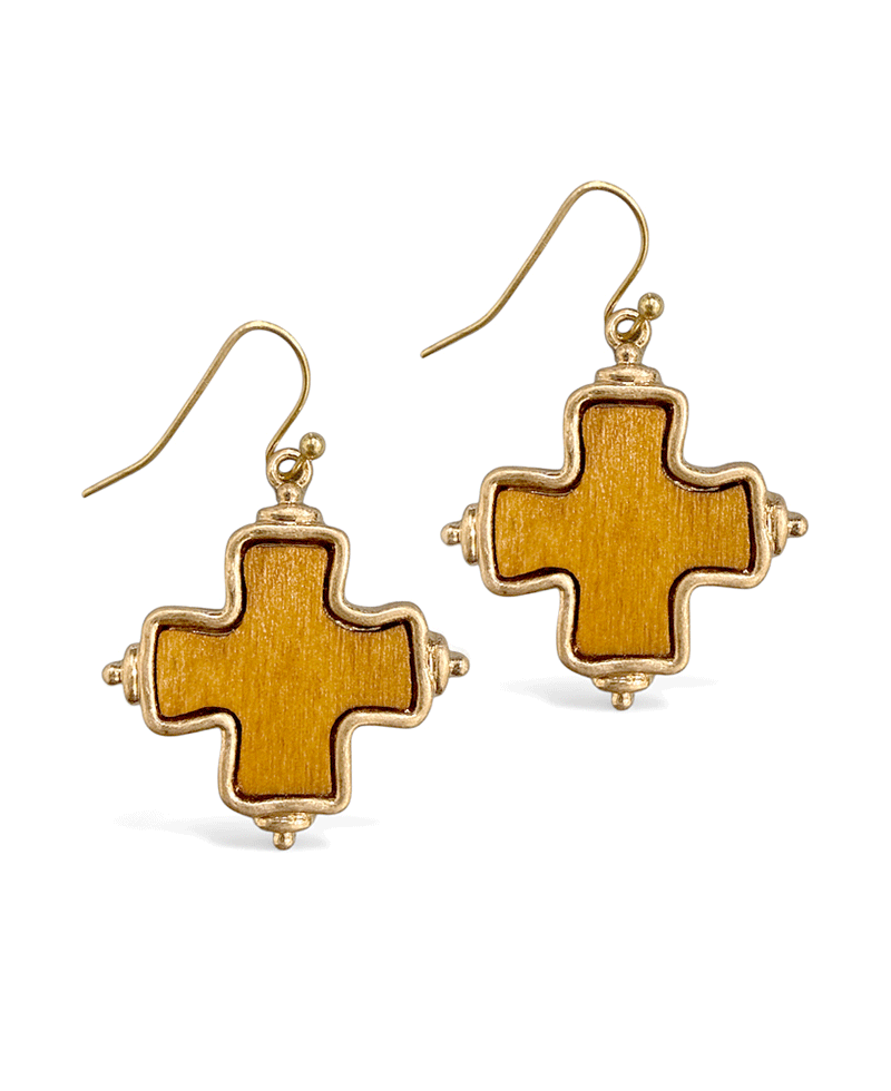 Wood Metal Frame Cross Earring