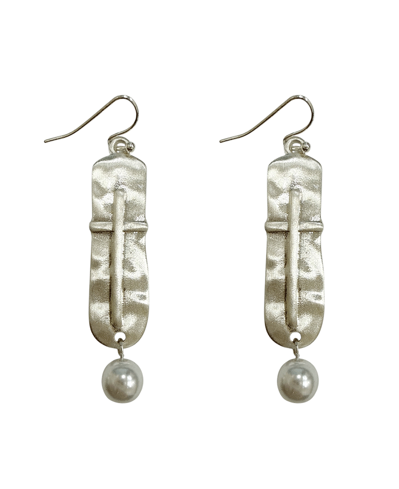 Hammered Bar Cross w/ Pearl Earring