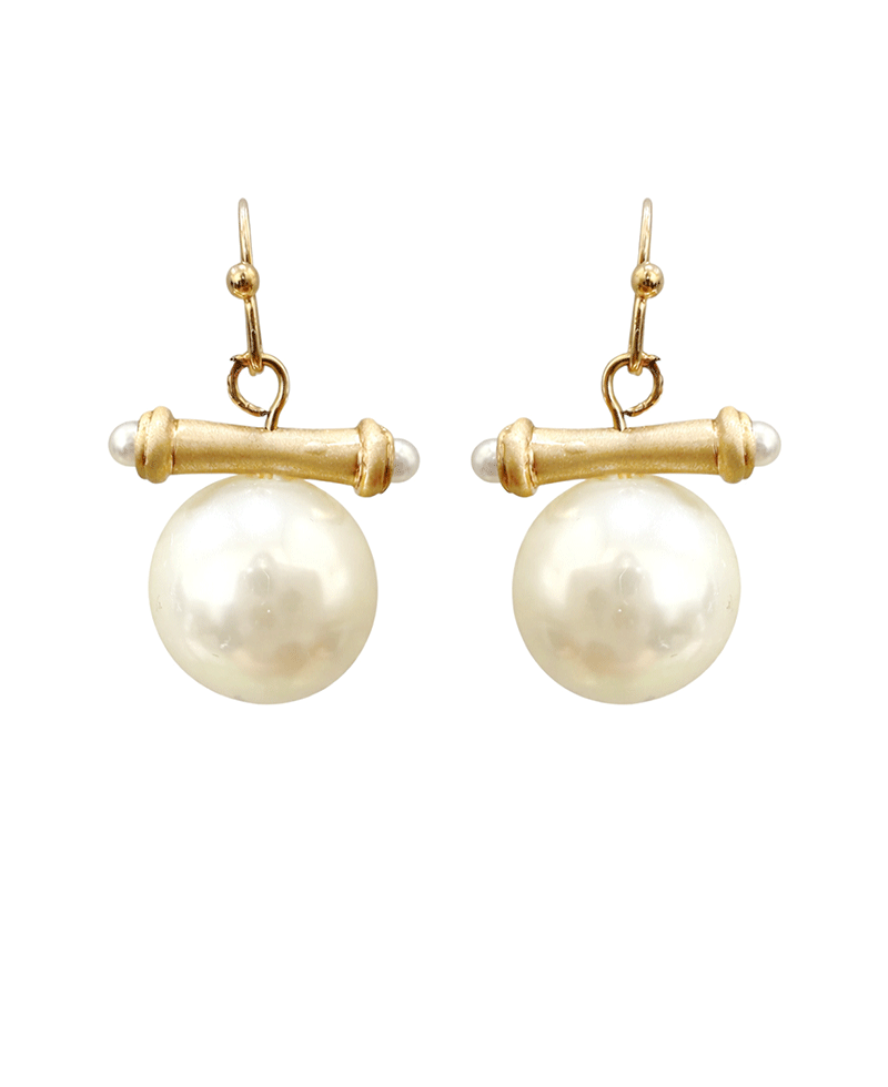 Glass Pearl w/ Plated Bamboo Shaped Bar Earring