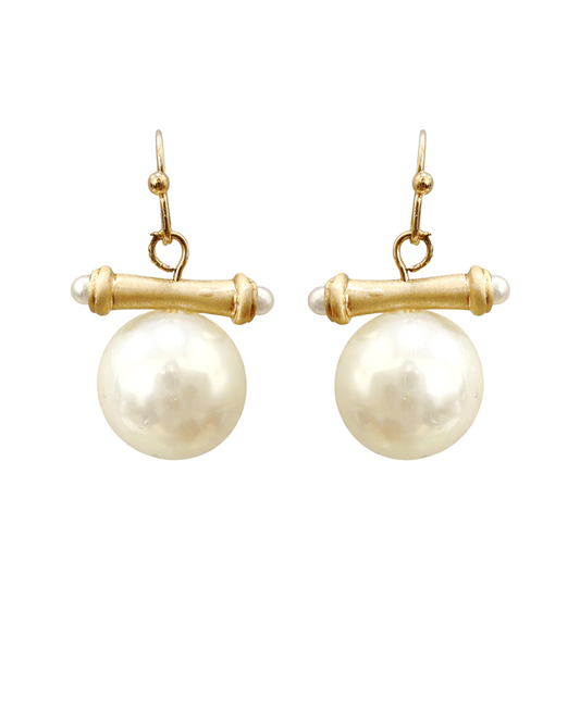 Glass Pearl w/ Plated Bamboo Shaped Bar Earring