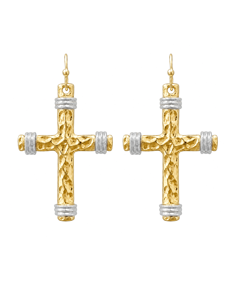 Two Tone Hammered Cross Earring