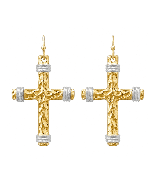 Two Tone Hammered Cross Earring