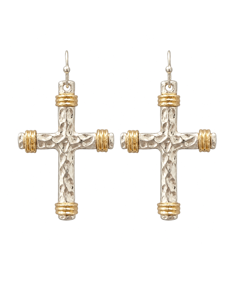 Two Tone Hammered Cross Earring