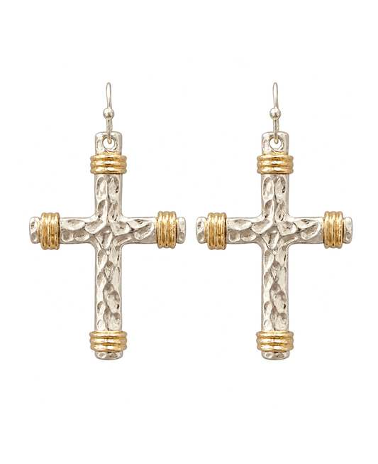 Two Tone Hammered Cross Earring