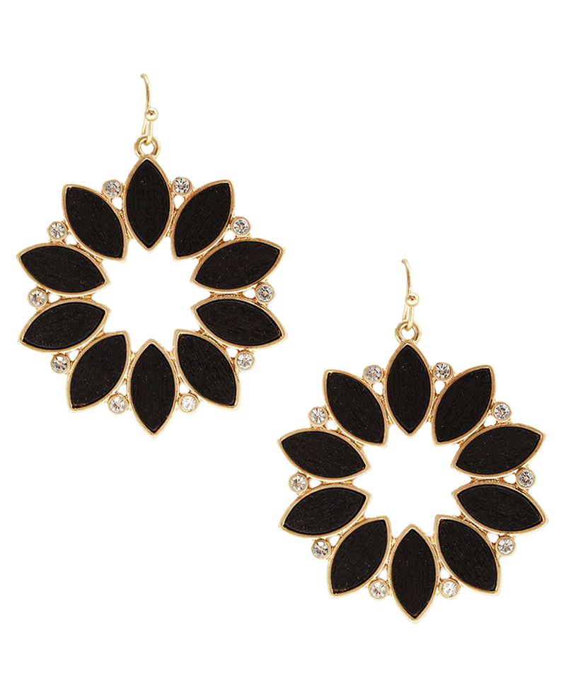 Wood & Rhinestone Flower Pattern Earring