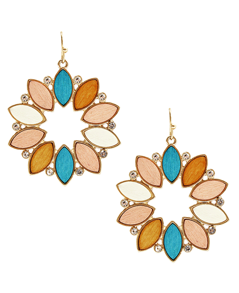 Wood & Rhinestone Flower Pattern Earring