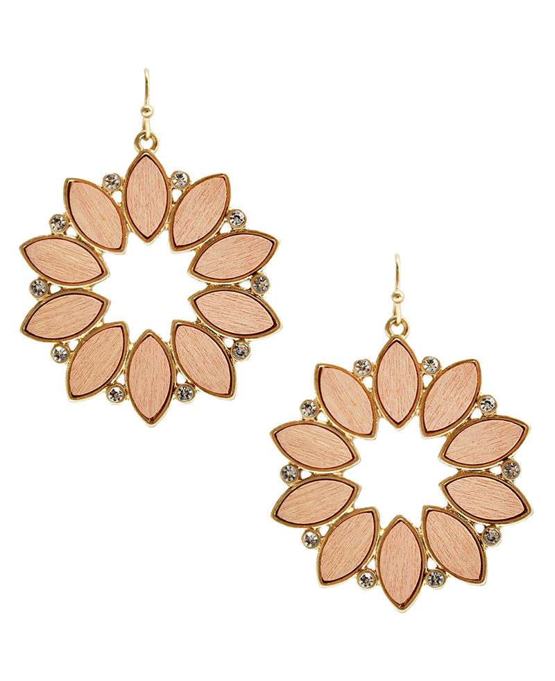 Wood & Rhinestone Flower Pattern Earring