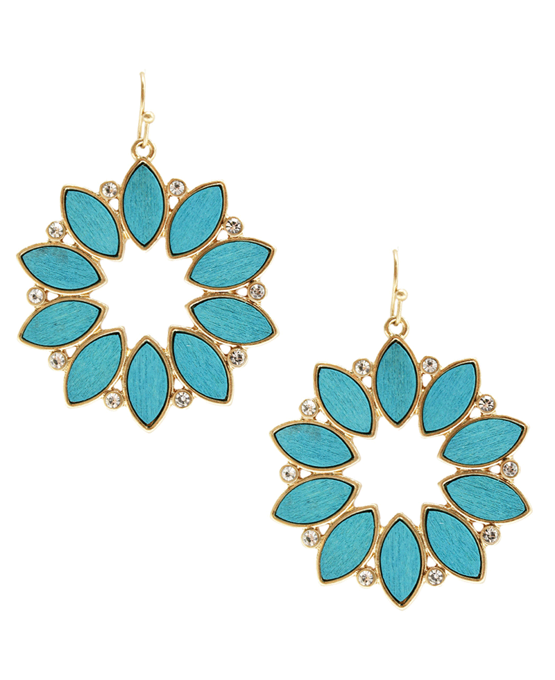 Wood & Rhinestone Flower Pattern Earring