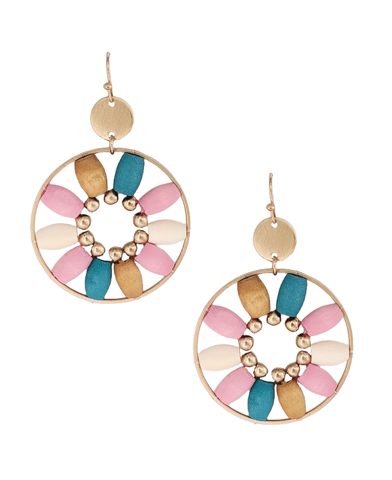 Wood & Ball Flower Shape Round Earring