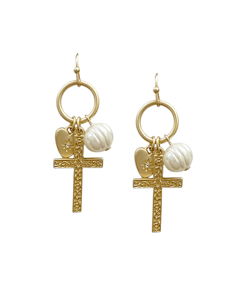 Cross & Heart Charm Round Metal Earring