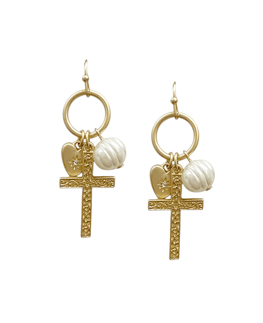 Cross & Heart Charm Round Metal Earring
