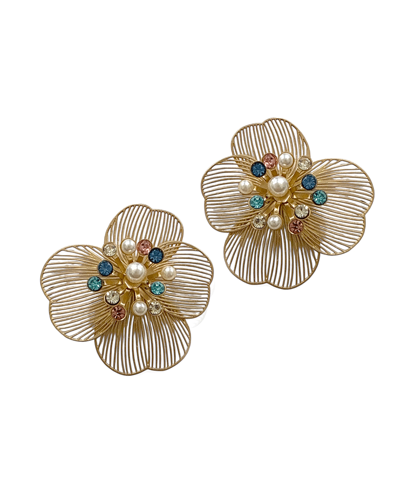 Pearls & Multi Color Crystal Flower Earring