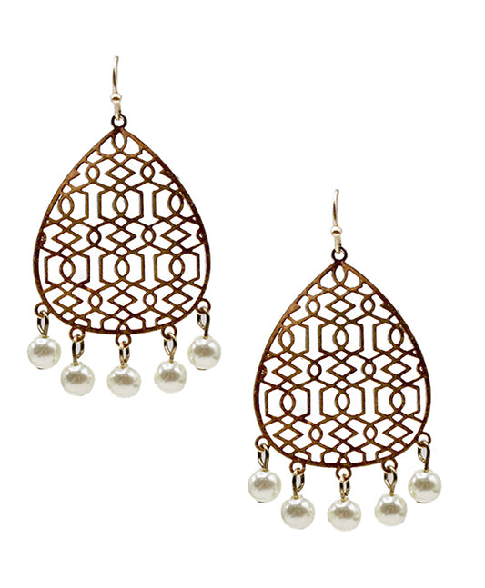 Metal Teardrop w/ Dangle Pearls Earring
