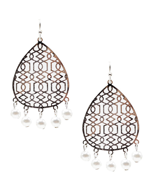 Metal Teardrop w/ Dangle Pearls Earring