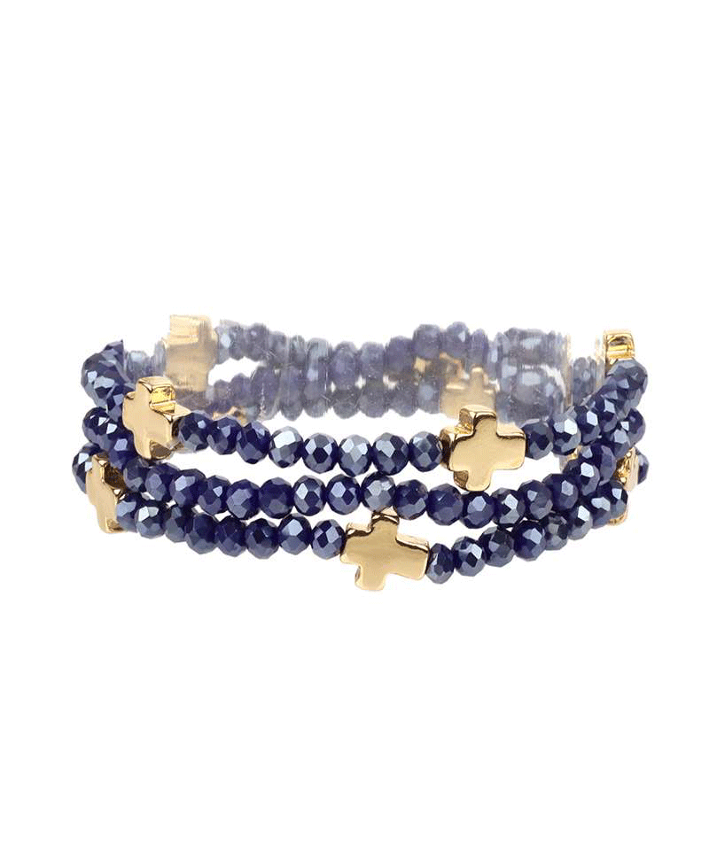 Glass Bead w/ Metal Cross Elastic Bracelet