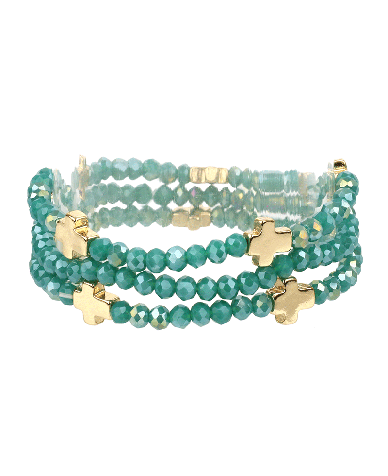 Glass Bead w/ Metal Cross Elastic Bracelet
