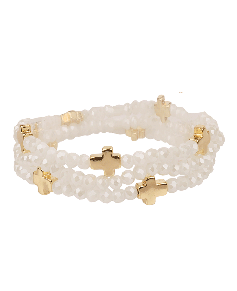 Glass Bead w/ Metal Cross Elastic Bracelet