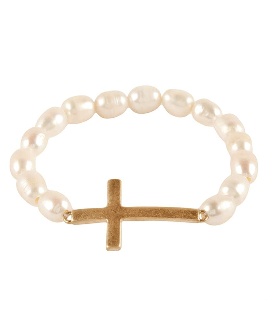 Fresh Water Pearl w/ Cross Elastic Bracelet