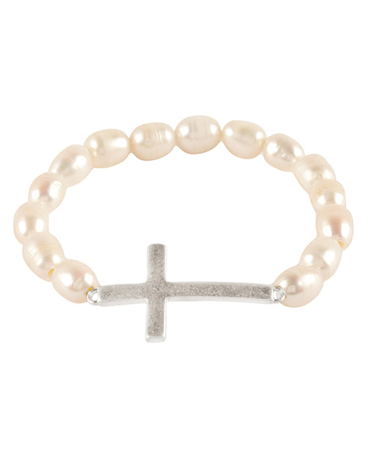 Fresh Water Pearl w/ Cross Elastic Bracelet