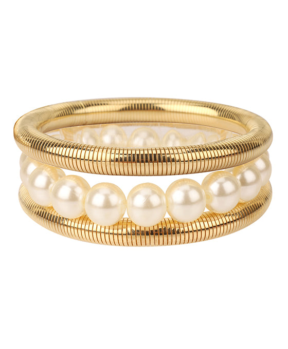 Metal & Pearl Herringbone Elastic Bracelet