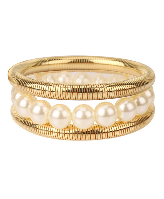 Metal & Pearl Herringbone Elastic Bracelet