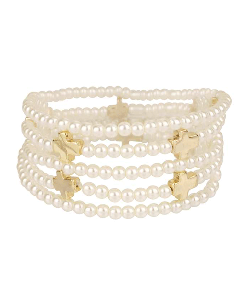 Pearl w/ Cross Stackable Elastic Bracelet