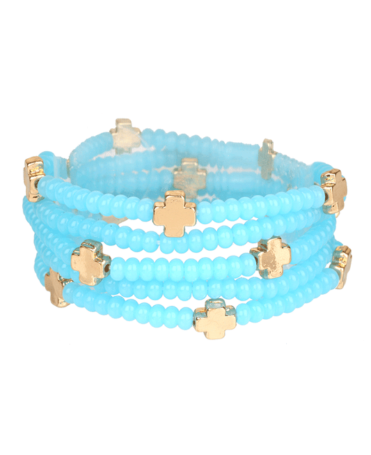 Glass Bead w/ Cross Multi Elastic Bracelet