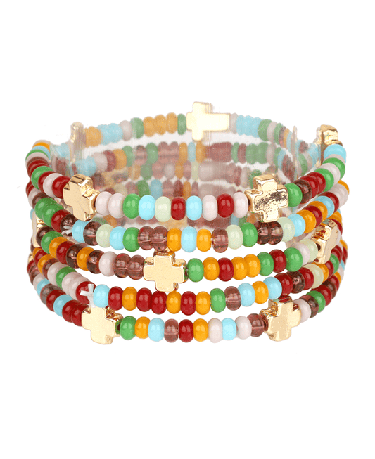 Glass Bead w/ Cross Multi Elastic Bracelet