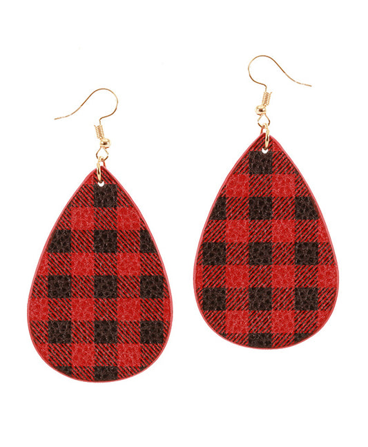 Leather Pattern Buffalo Plaid Teardrop Earring