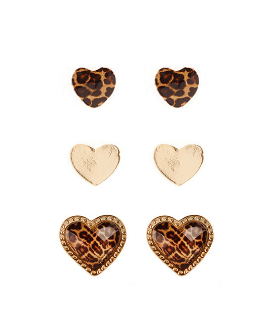 Epoxy Heart Animal Print 3 Pair Post Earring