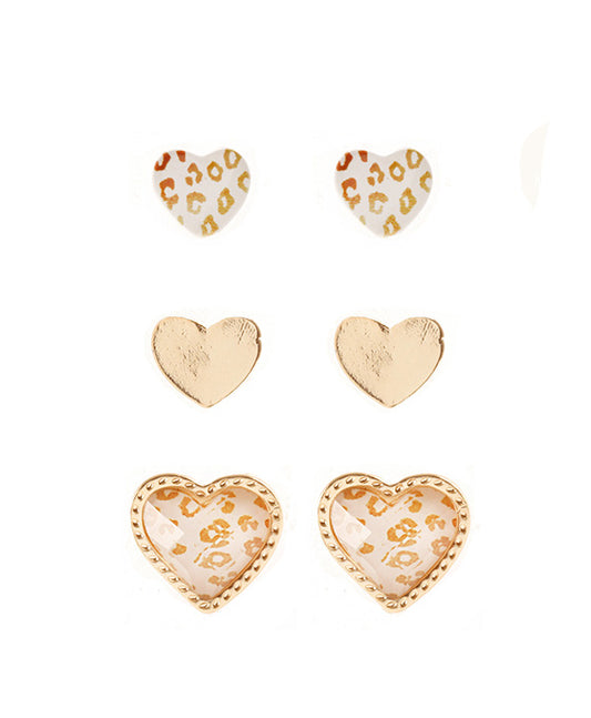 Epoxy Heart Animal Print 3 Pair Post Earring