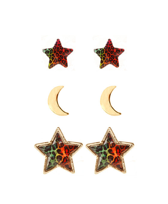 Epoxy Star Animal Print 3 Pair Post Earring