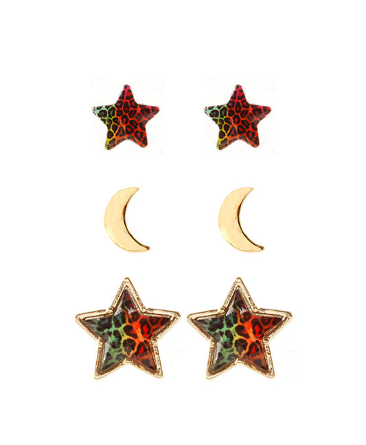 Epoxy Star Animal Print 3 Pair Post Earring
