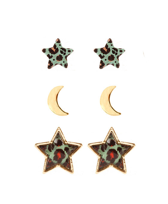 Epoxy Star Animal Print 3 Pair Post Earring