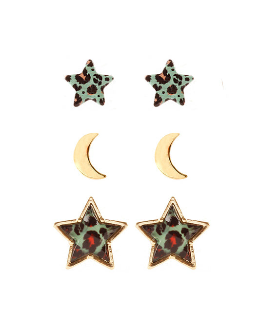 Epoxy Star Animal Print 3 Pair Post Earring