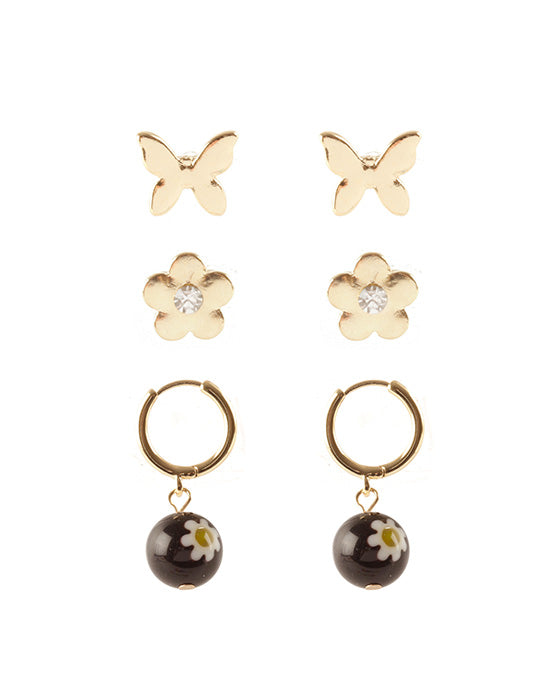 Glass 3 Pair Flower Earring Set