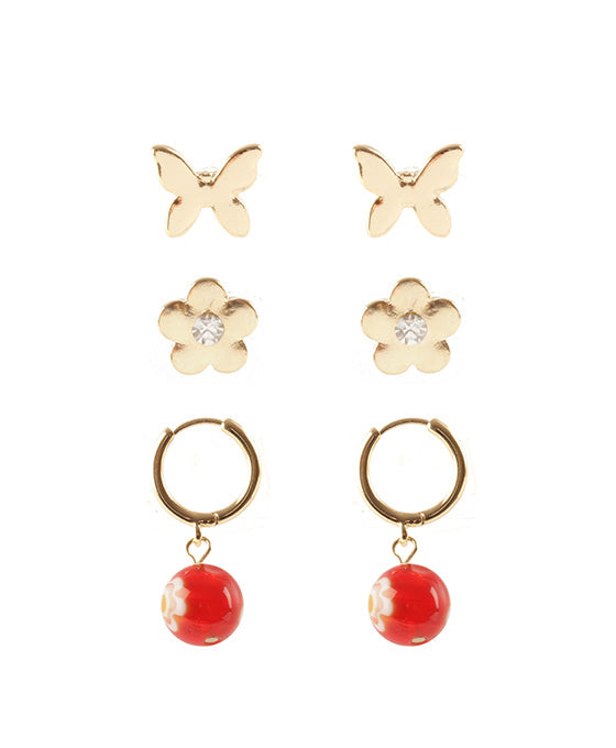 Glass 3 Pair Flower Earring Set