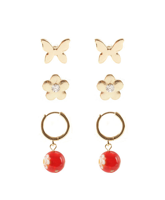 Glass 3 Pair Flower Earring Set