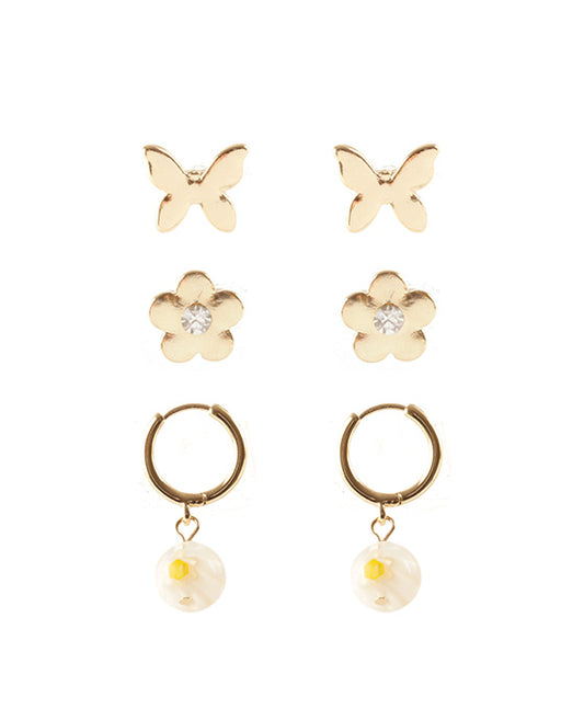 Glass 3 Pair Flower Earring Set
