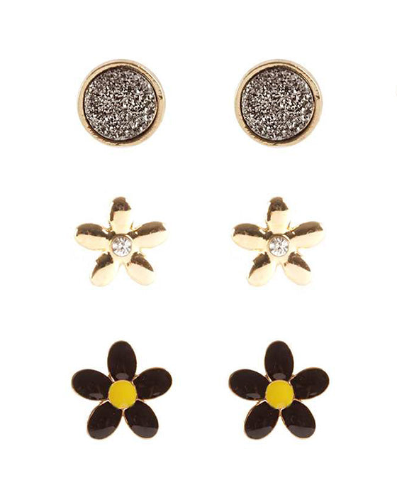 Metal Druzy Flower 3 Pair Earring