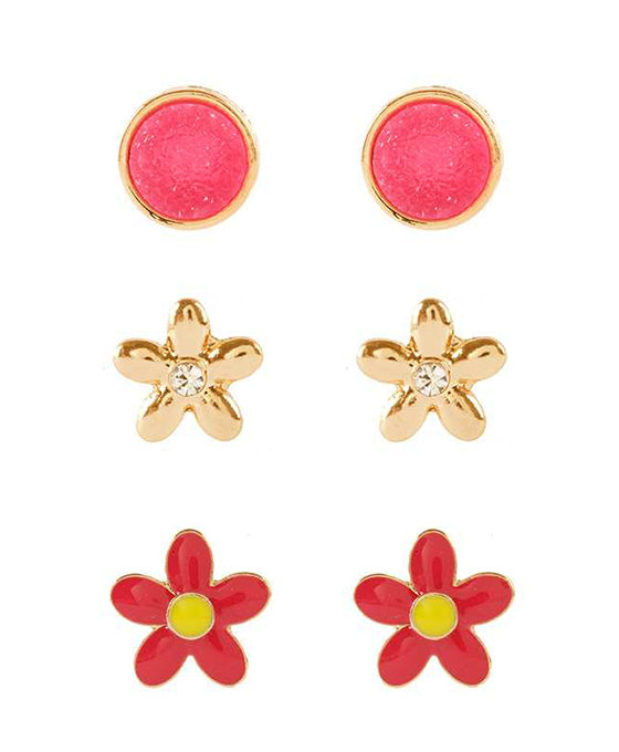 Metal Druzy Flower 3 Pair Earring