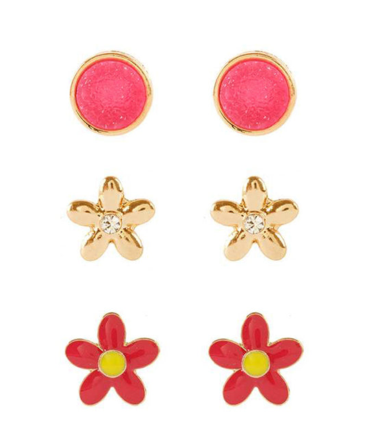 Metal Druzy Flower 3 Pair Earring